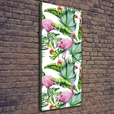 Cuadro canvas decorativo para salón vertical Hojas y flamencos