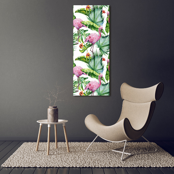 Cuadro canvas decorativo para salón vertical Hojas y flamencos