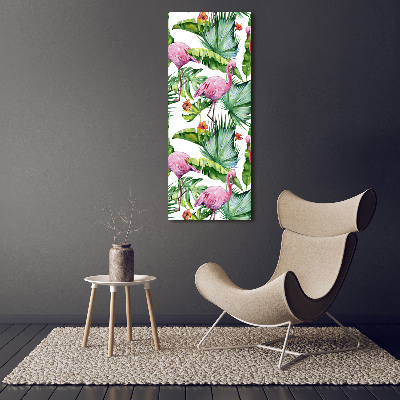 Cuadro canvas decorativo para salón vertical Hojas y flamencos