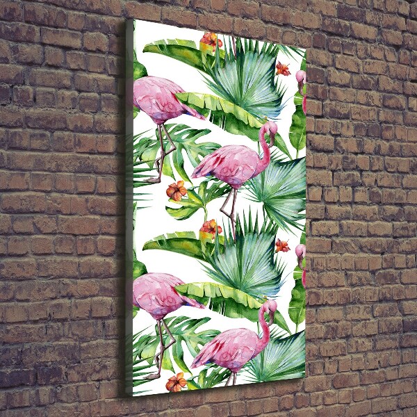 Cuadro canvas decorativo para salón vertical Hojas y flamencos