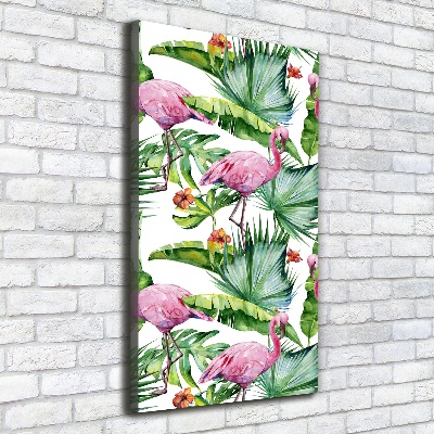 Cuadro canvas decorativo para salón vertical Hojas y flamencos