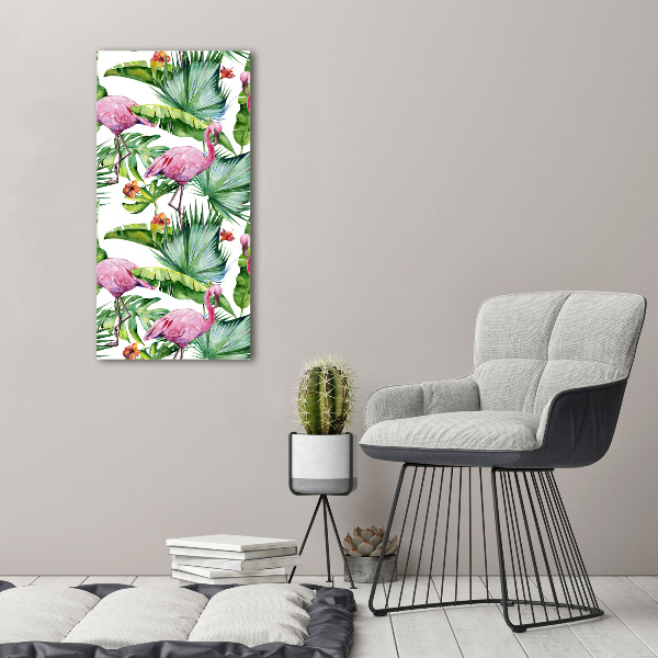 Cuadro canvas decorativo para salón vertical Hojas y flamencos