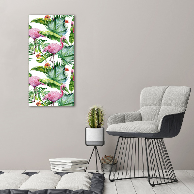 Cuadro canvas decorativo para salón vertical Hojas y flamencos