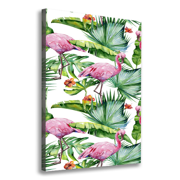 Cuadro canvas decorativo para salón vertical Hojas y flamencos