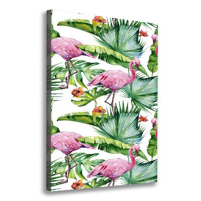 Cuadro canvas decorativo para salón vertical Hojas y flamencos