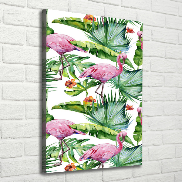 Cuadro canvas decorativo para salón vertical Hojas y flamencos