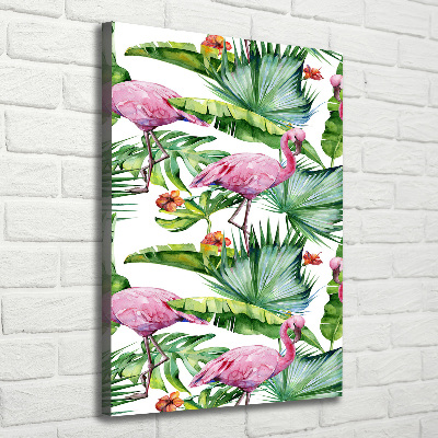 Cuadro canvas decorativo para salón vertical Hojas y flamencos