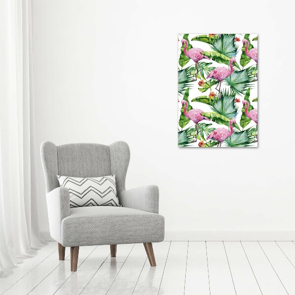 Cuadro canvas decorativo para salón vertical Hojas y flamencos