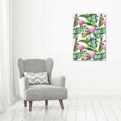 Cuadro canvas decorativo para salón vertical Hojas y flamencos