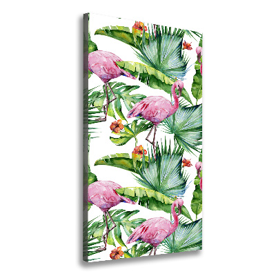 Cuadro canvas decorativo para salón vertical Hojas y flamencos