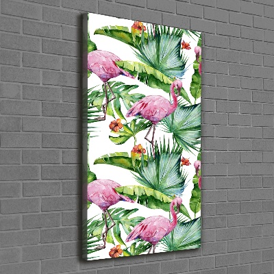 Cuadro canvas decorativo para salón vertical Hojas y flamencos
