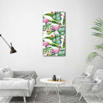 Cuadro canvas decorativo para salón vertical Hojas y flamencos
