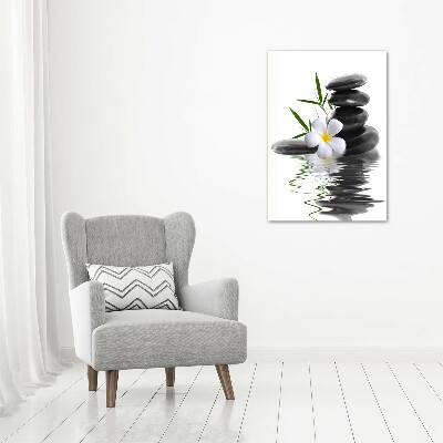 Cuadro canvas decorativo para salón vertical Orquídea y piedras