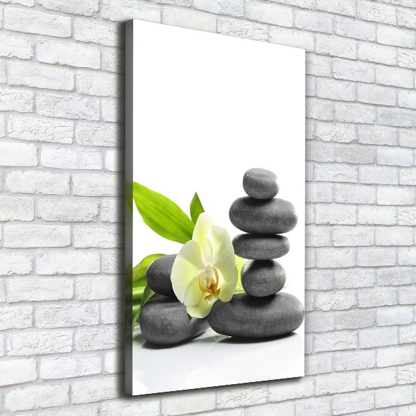 Cuadro canvas decorativo para salón vertical Orquídea y piedras