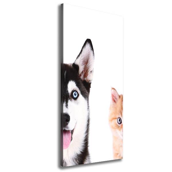 Cuadro canvas decorativo para salón vertical Perro y gato