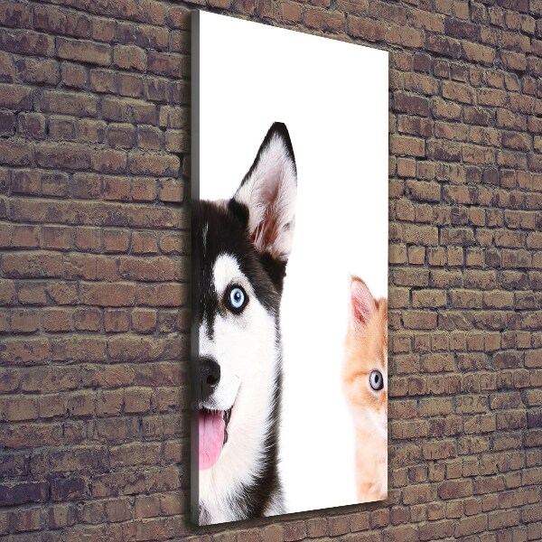 Cuadro canvas decorativo para salón vertical Perro y gato