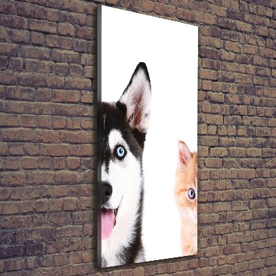 Cuadro canvas decorativo para salón vertical Perro y gato