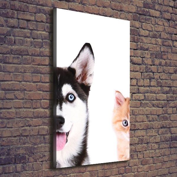 Cuadro canvas decorativo para salón vertical Perro y gato