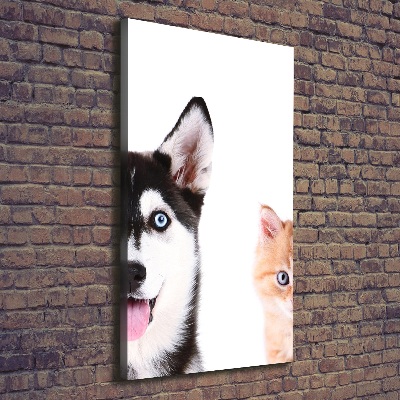 Cuadro canvas decorativo para salón vertical Perro y gato