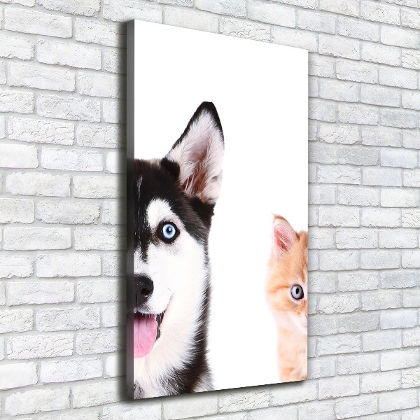 Cuadro canvas decorativo para salón vertical Perro y gato