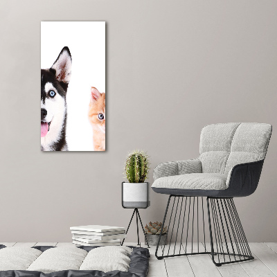 Cuadro canvas decorativo para salón vertical Perro y gato