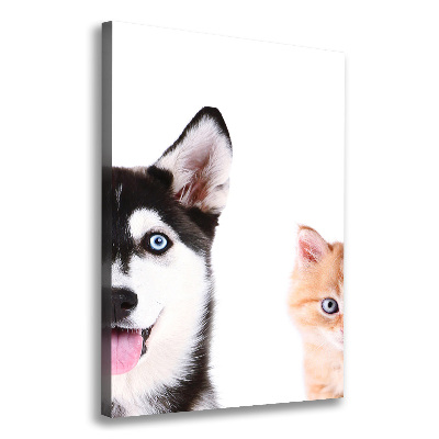 Cuadro canvas decorativo para salón vertical Perro y gato