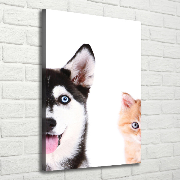Cuadro canvas decorativo para salón vertical Perro y gato