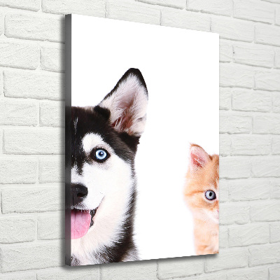 Cuadro canvas decorativo para salón vertical Perro y gato