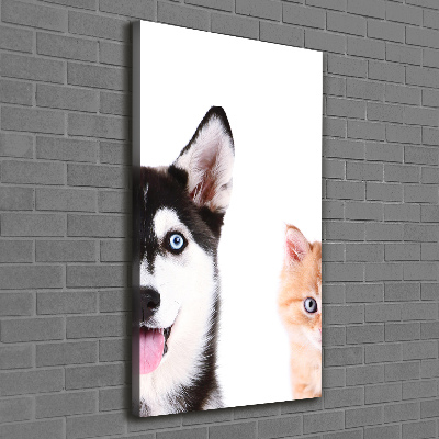 Cuadro canvas decorativo para salón vertical Perro y gato