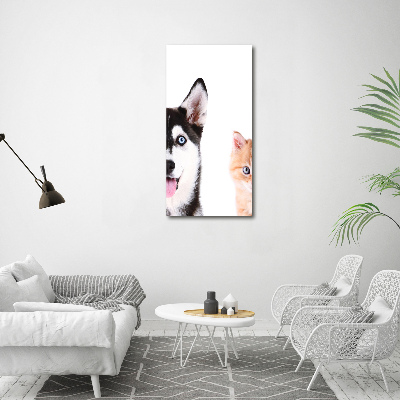 Cuadro canvas decorativo para salón vertical Perro y gato