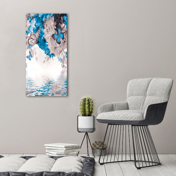 Cuadro moderno en lienzo resistente uv vertical Flores y mariposas