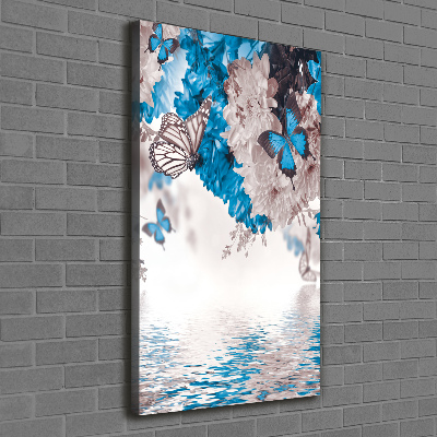 Cuadro moderno en lienzo resistente uv vertical Flores y mariposas