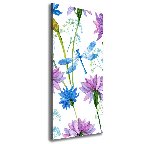Cuadro canvas decorativo para salón vertical Flores y libélulas