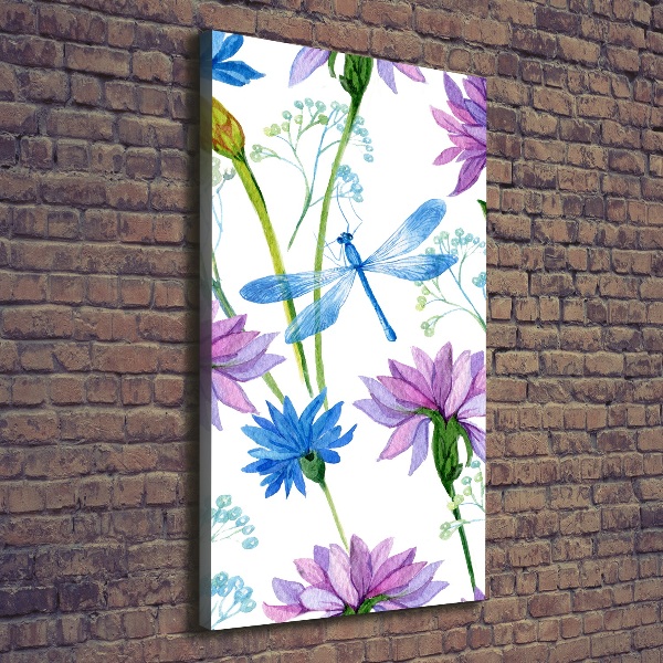 Cuadro canvas decorativo para salón vertical Flores y libélulas
