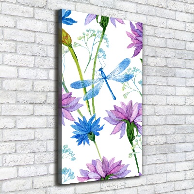 Cuadro canvas decorativo para salón vertical Flores y libélulas