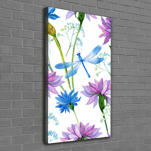 Cuadro canvas decorativo para salón vertical Flores y libélulas