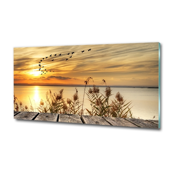 Cuadro decorativo de vidrio para salón horizontal Muelle en el lago