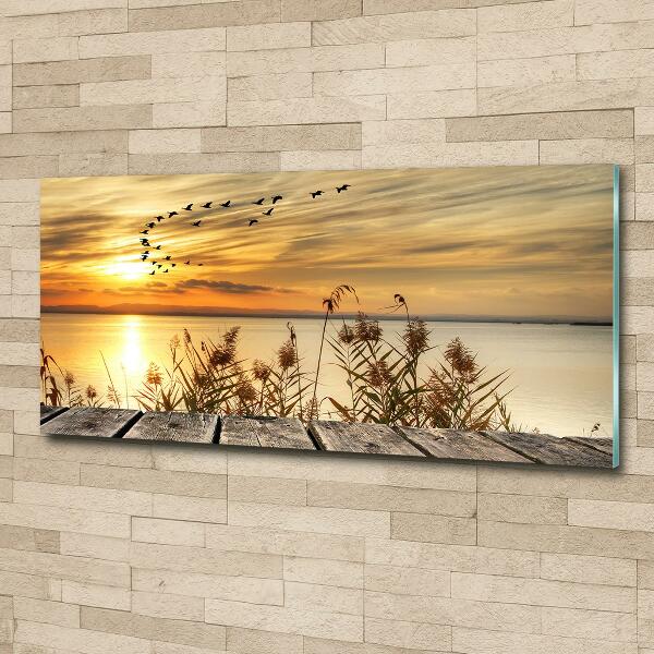 Cuadro decorativo de vidrio para salón horizontal Muelle en el lago