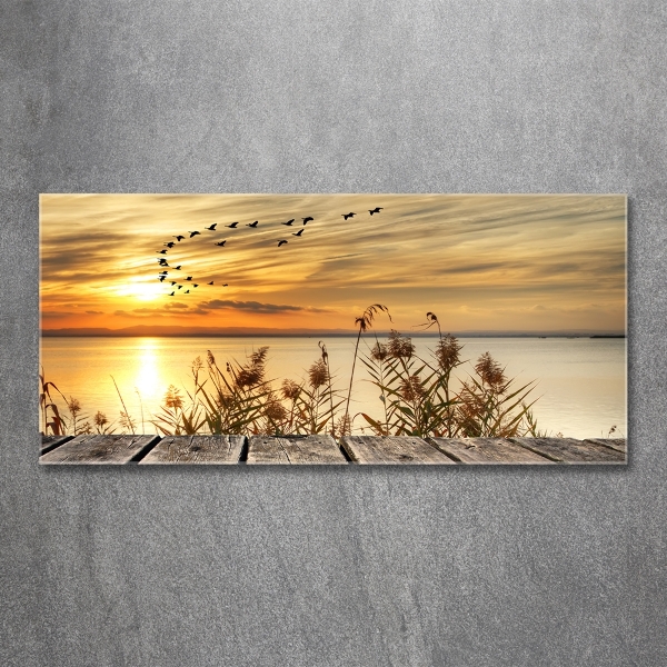 Cuadro decorativo de vidrio para salón horizontal Muelle en el lago