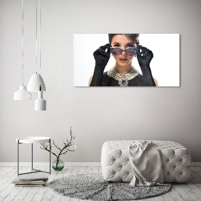 Foto en cristal de alta calidad con impresión uv horizontal Mujer con gafas