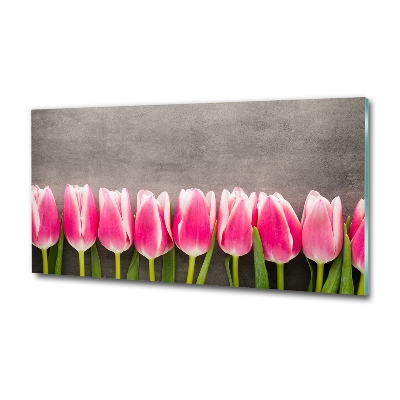 Cuadro decorativo de vidrio para salón horizontal tulipanes rosados