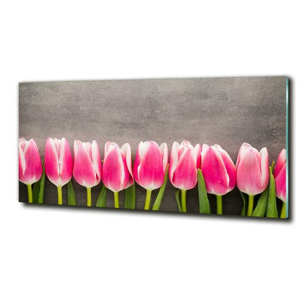 Cuadro decorativo de vidrio para salón horizontal tulipanes rosados
