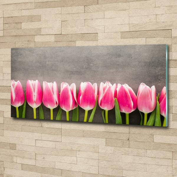 Cuadro decorativo de vidrio para salón horizontal tulipanes rosados