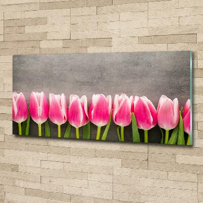 Cuadro decorativo de vidrio para salón horizontal tulipanes rosados