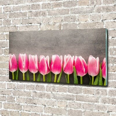Cuadro decorativo de vidrio para salón horizontal tulipanes rosados