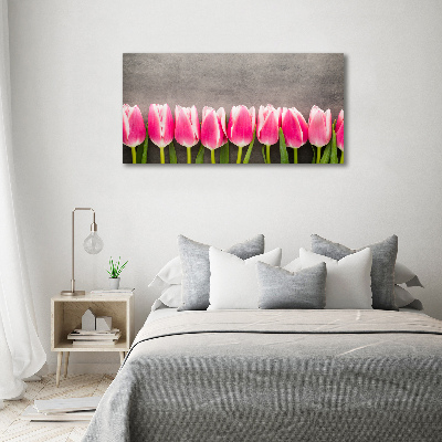 Cuadro decorativo de vidrio para salón horizontal tulipanes rosados