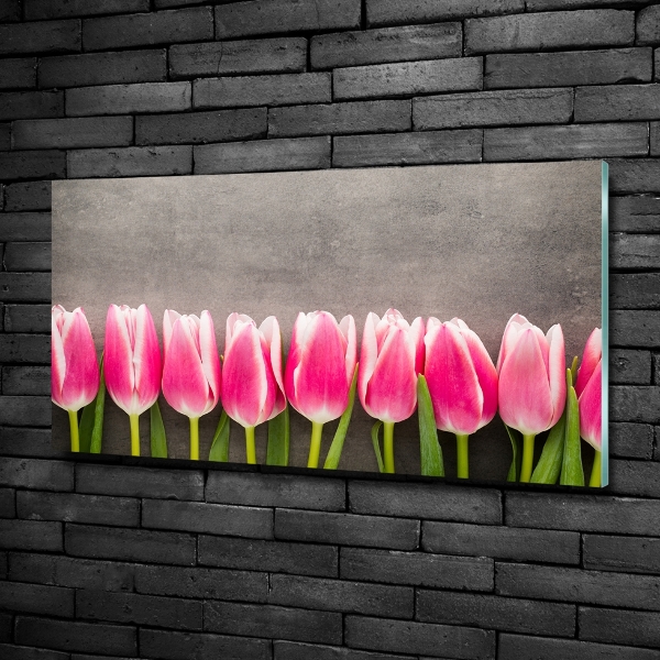 Cuadro decorativo de vidrio para salón horizontal tulipanes rosados
