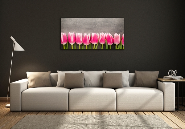 Cuadro decorativo de vidrio para salón horizontal tulipanes rosados