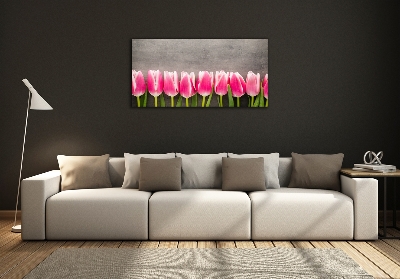 Cuadro decorativo de vidrio para salón horizontal tulipanes rosados
