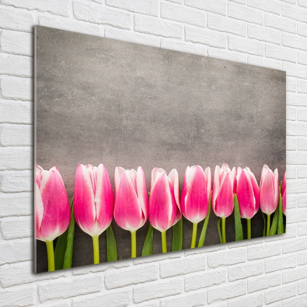 Cuadro decorativo de vidrio para salón horizontal tulipanes rosados